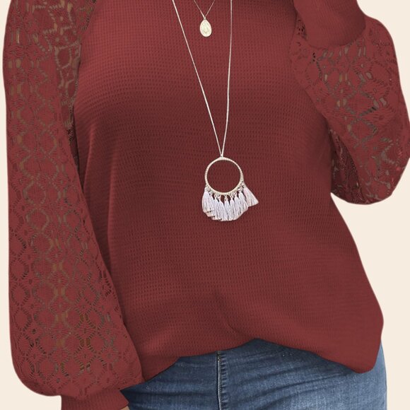 Red Eyelet Lace Raglan Sleeve Drop Shoulder Plus Size Top - Picture 11 of 11